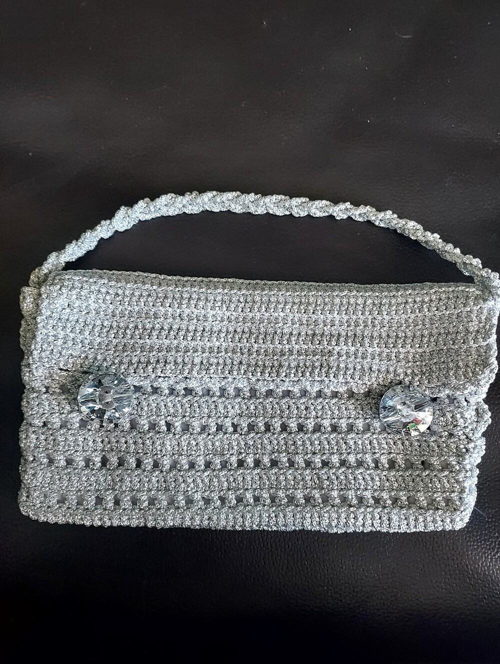 Handcrafted Metallic Silver Crochet Evening Bag with Crystal Buttons